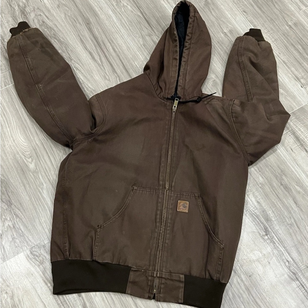 Men's Carhartt Quilt Lined Duck Canvas Jacket SZ Medium Brown Full Zip J68 CHT